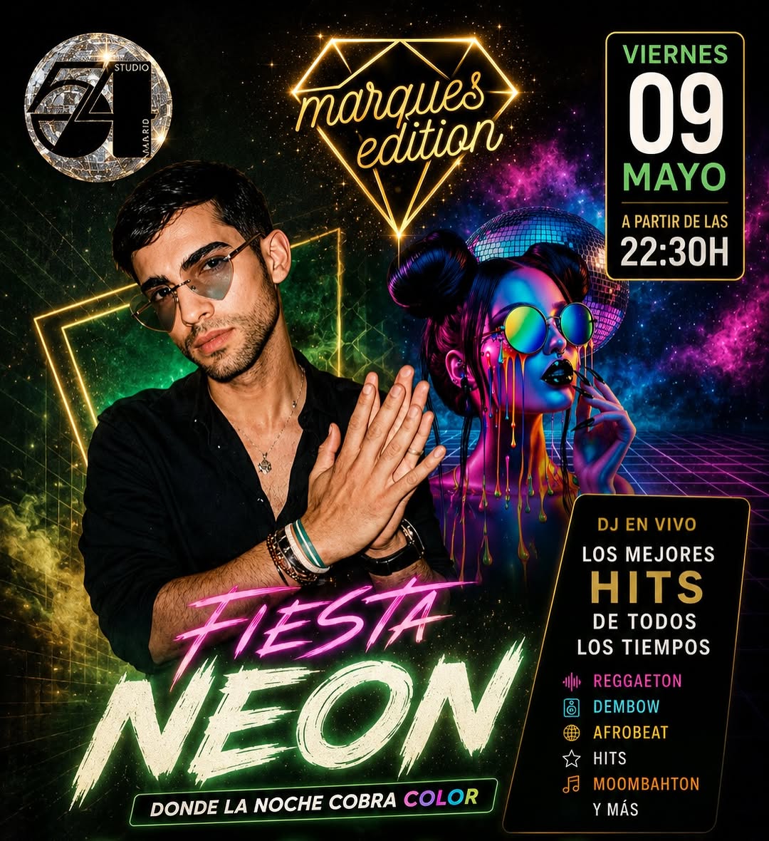 Flyer de FIESTA NEON en Studio 54 Madrid.